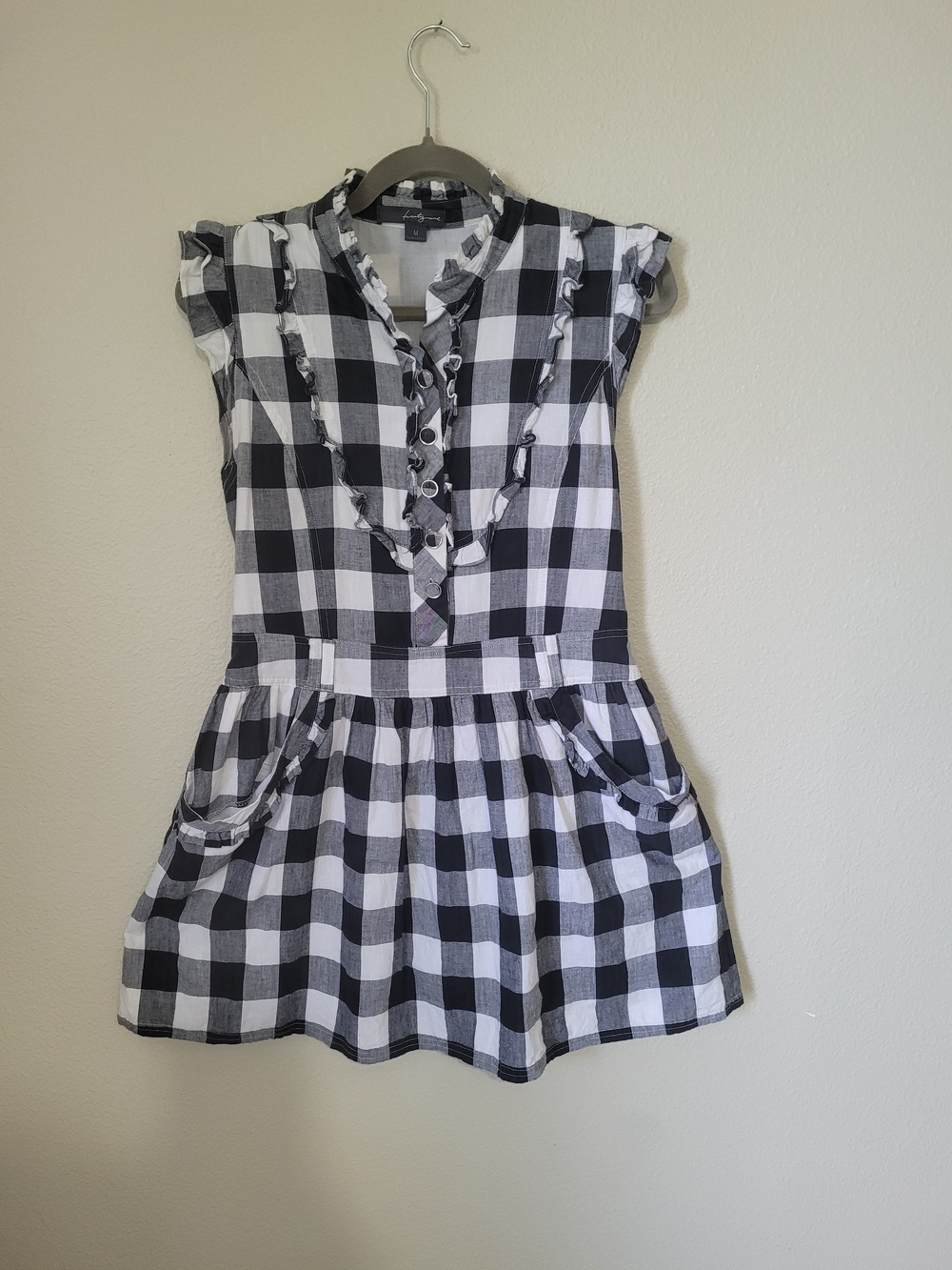 Vintage Y2K Forever 21 Black White Gingham Ruffle Pocket Mini Dress M Indie